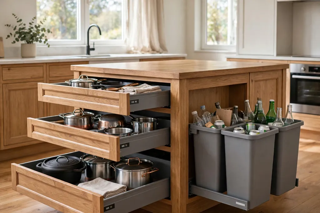 Kitchen island with deep drawers open showing pots and a pull out bin section for recycling.