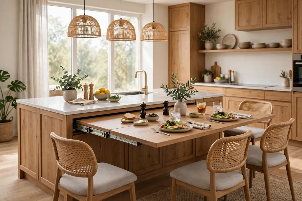 Kitchen island with a pull out dining table extended for a meal and chairs around it.