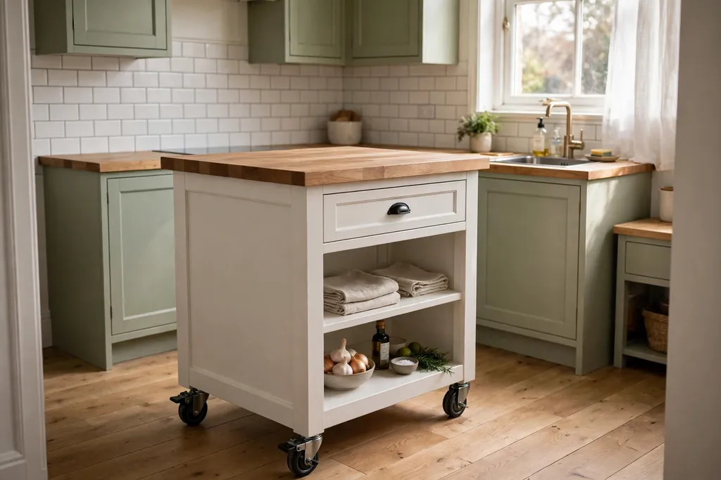 Rolling kitchen island on locking casters with a wood top, drawer, and shelves in a small kitchen.