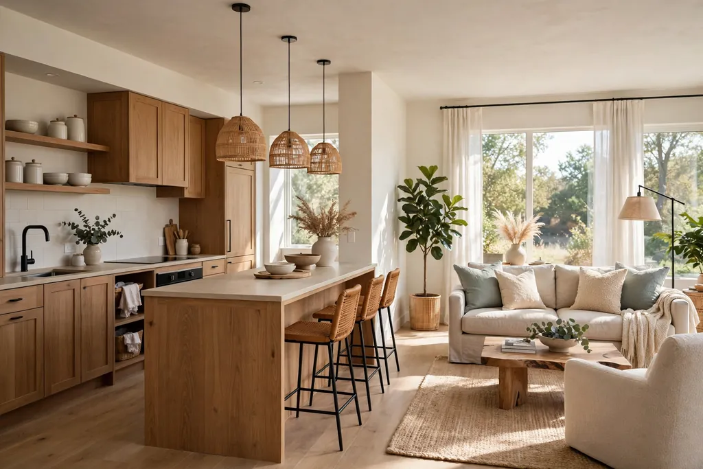 Kitchen island placed as a room divider between a kitchen and a living area with seating facing the living room.