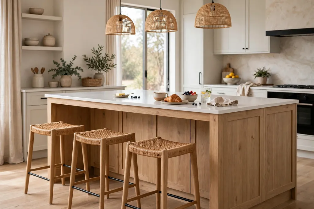Kitchen island seating bar with stools, knee room, and a clear surface for breakfast.