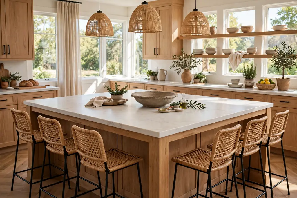 Large kitchen island with stools on two sides and a clear center for serving.