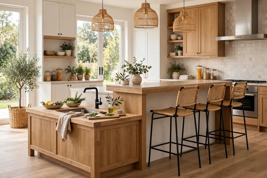 Two level kitchen island with a lower prep counter and a raised eating bar with tall stools.