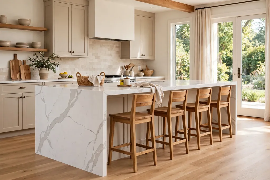 Kitchen island with quartz wrapping down both ends to the floor and wood stools on one side.