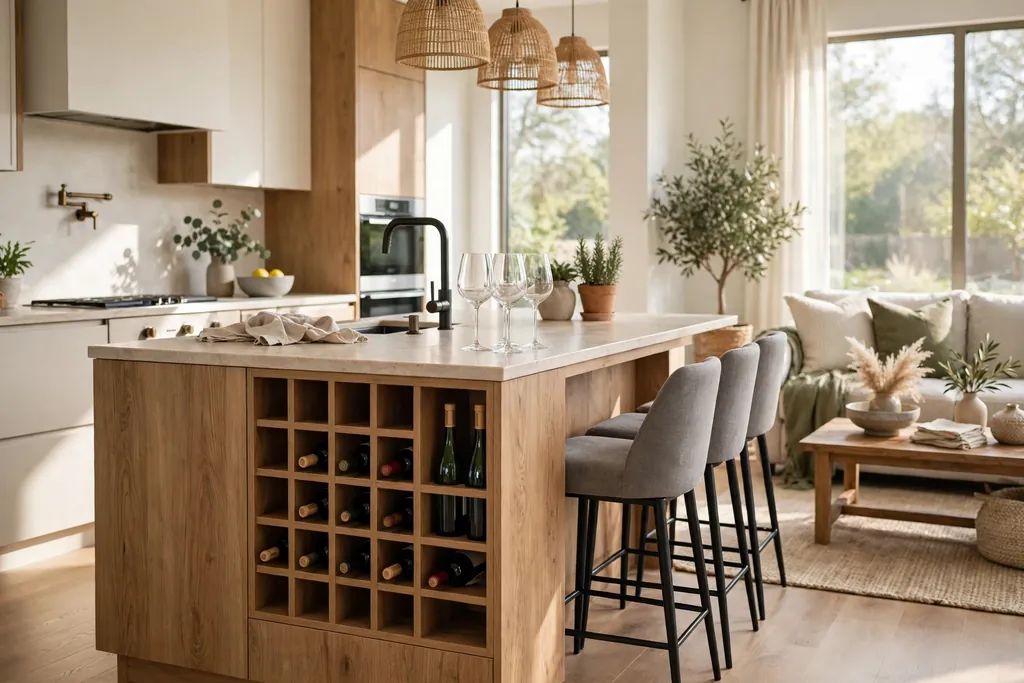 Kitchen island with a wine rack section on the living room side and glasses nearby.