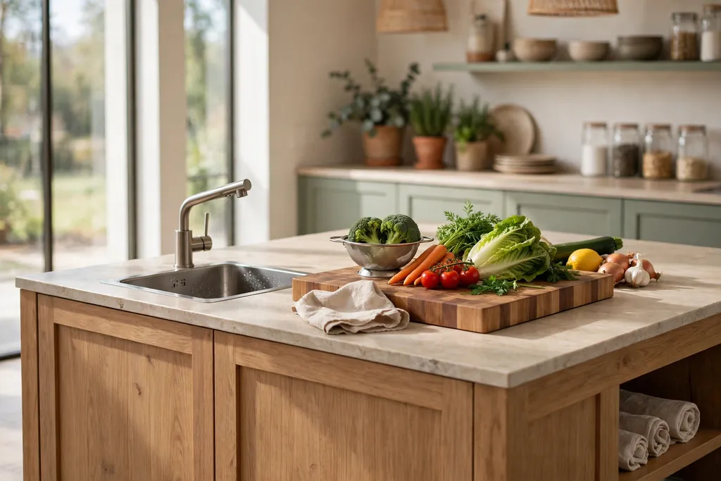 Kitchen workstation island with a small prep sink, cutting board, and vegetables ready to rinse.