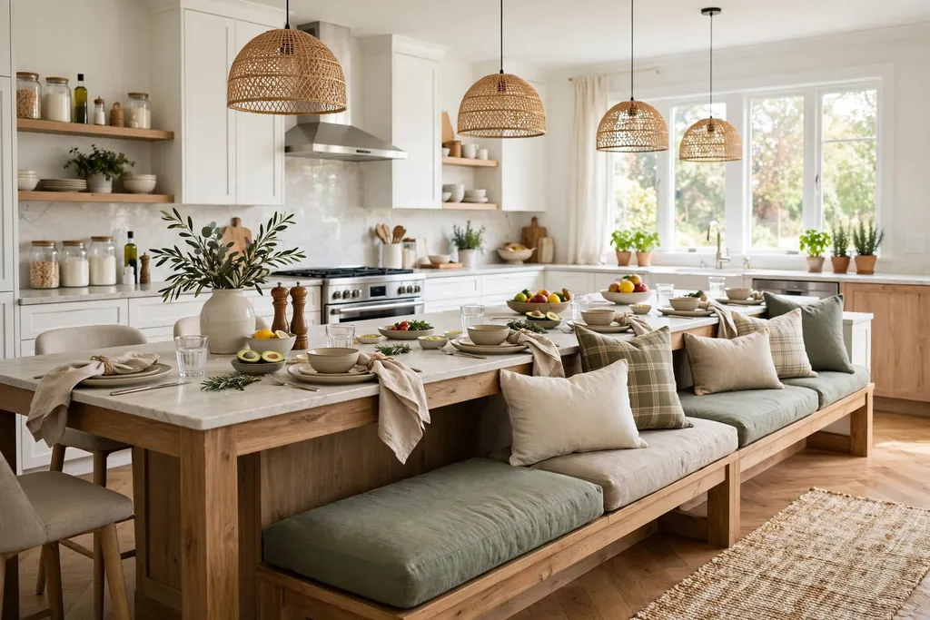 Long kitchen island with low bench seating on one side for family meals.