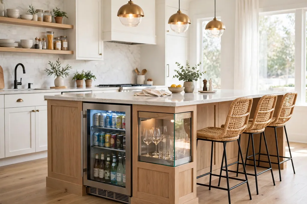 Kitchen island with a beverage fridge and glass storage drawer at the seating end.