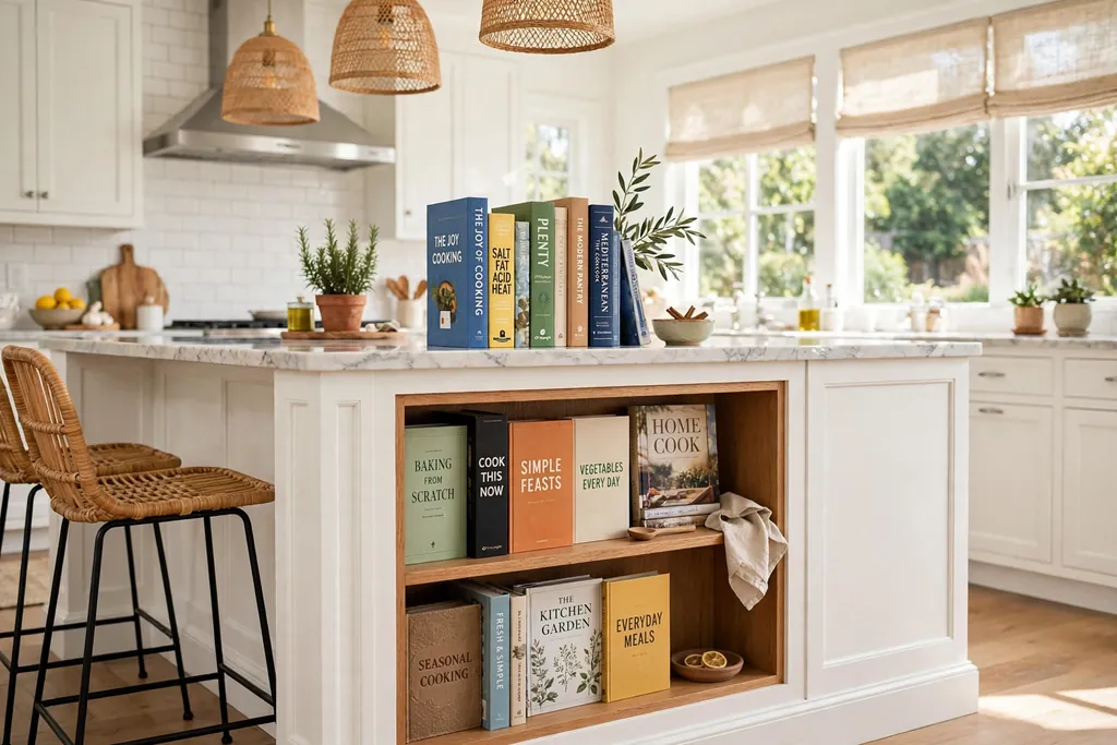 Kitchen island end panel with a built-in bookshelf holding cookbooks.