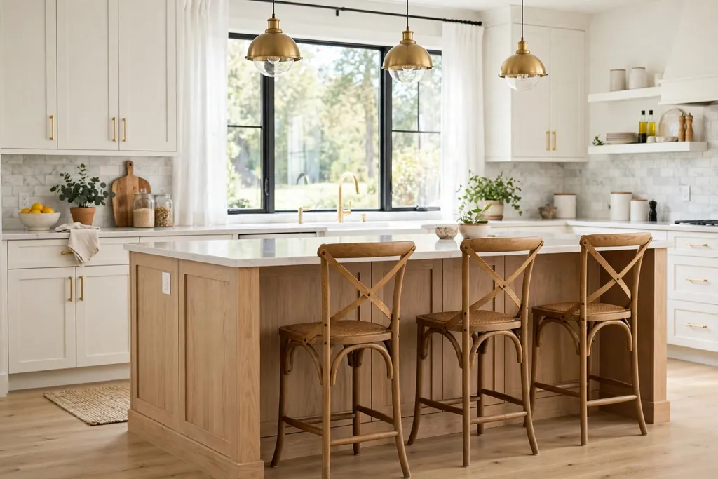 Kitchen island breakfast bar overhang with counter stools tucked underneath.