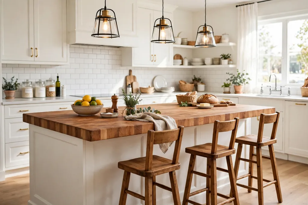 Kitchen island with a warm butcher block top and wood stools.