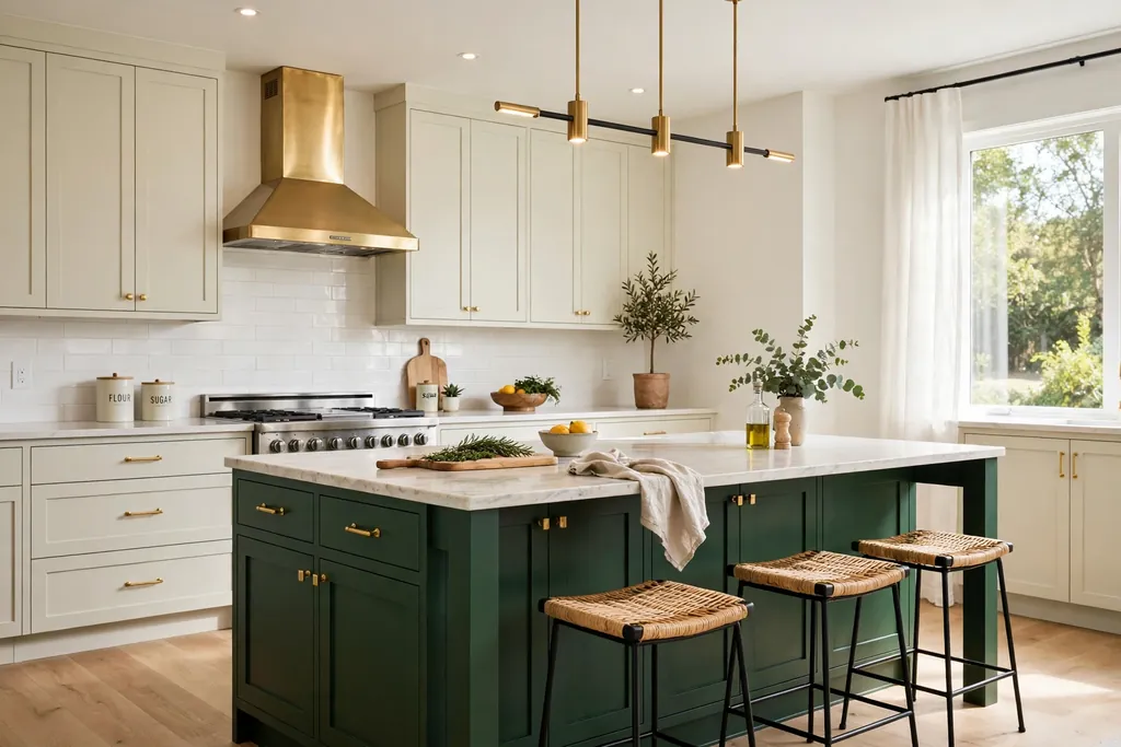 Kitchen island in a contrasting deep green cabinet color beside pale wall cabinets.