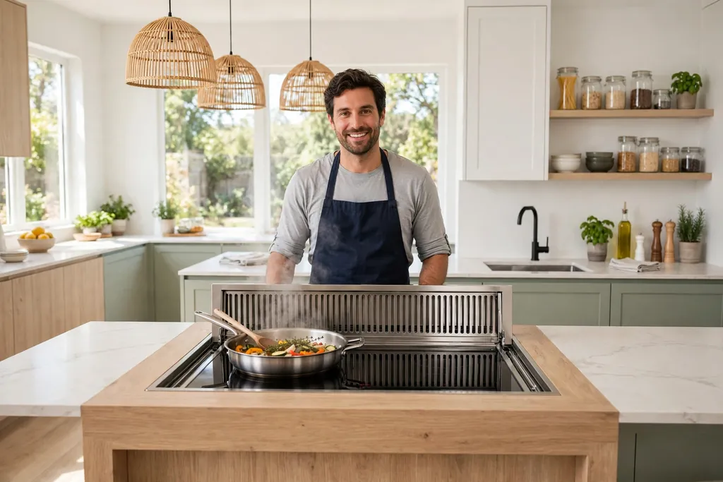 Kitchen island with a cooktop and downdraft vent, cook facing the room.