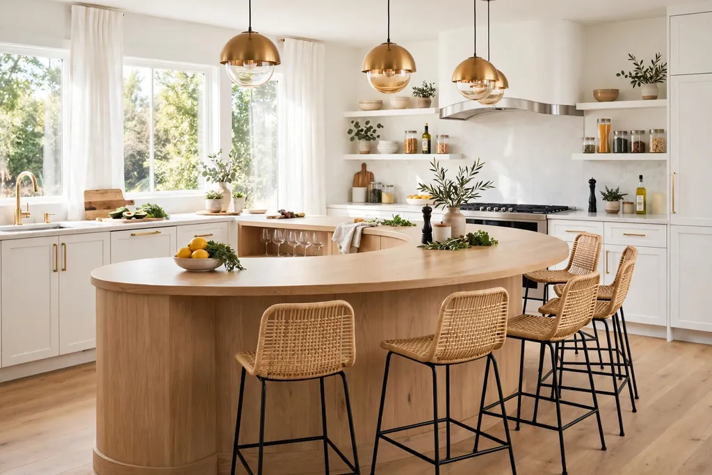 Curved kitchen island with a rounded seating side and stools along the curve.