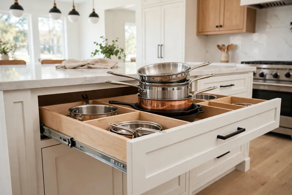 Kitchen island drawer bank pulled open showing stacked pots and pans with dividers.
