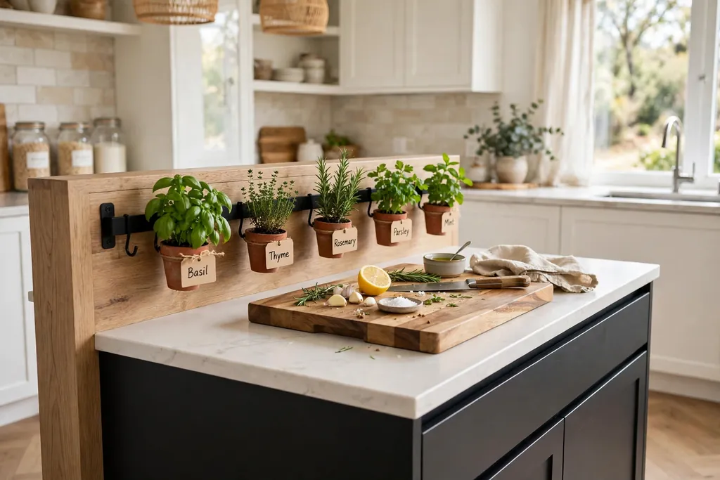 Kitchen island back edge with a herb rail, small herb pots, and a cutting board station.