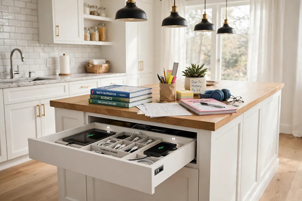 Kitchen island end set up as a homework station with books and a charging drawer.