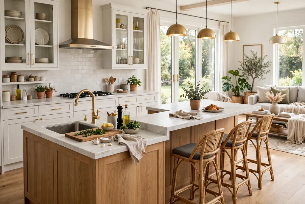 L-shaped kitchen island with a prep arm and a seating arm in an open plan room.