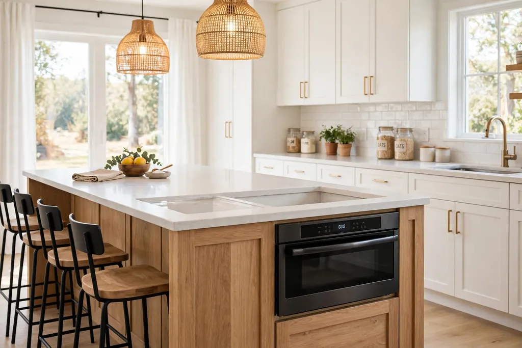Kitchen island with a microwave drawer below the counter beside a clear landing spot.