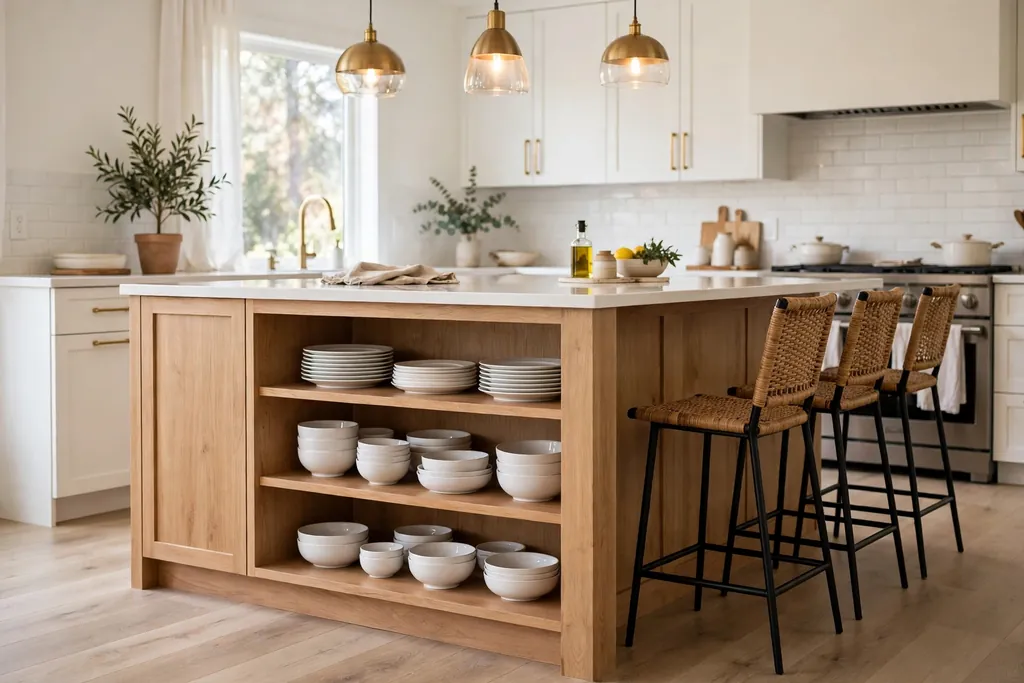 Open shelves on the seating side of a kitchen island holding white dishes and bowls.