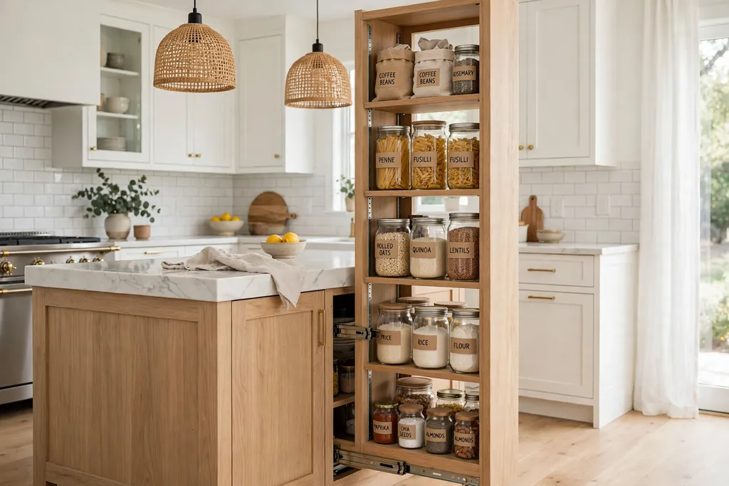 Tall narrow pull-out pantry tower at the end of a kitchen island holding jars and dry goods.