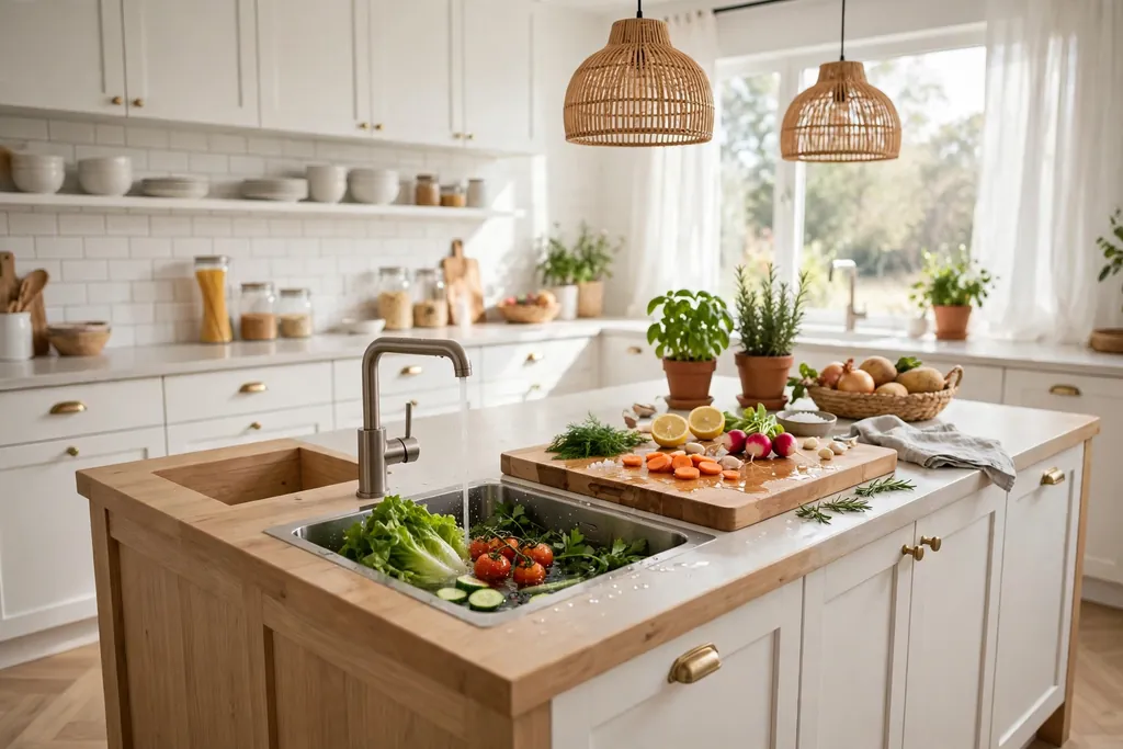 Kitchen island with a small prep sink, cutting board, and rinsed vegetables.