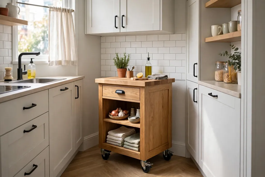 Small rolling kitchen island on locking casters in a compact kitchen.