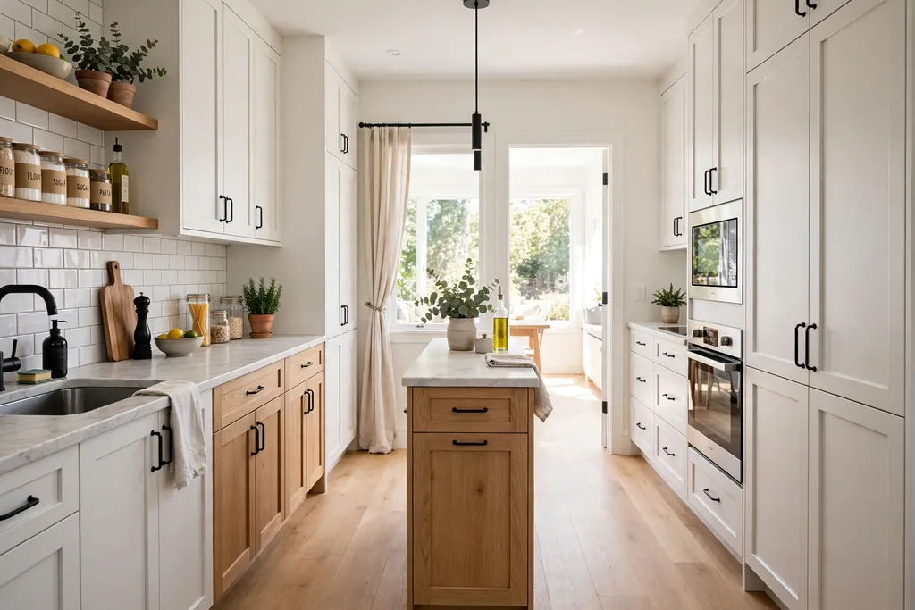Slim kitchen island in a narrow galley kitchen with a clear walkway beside it.