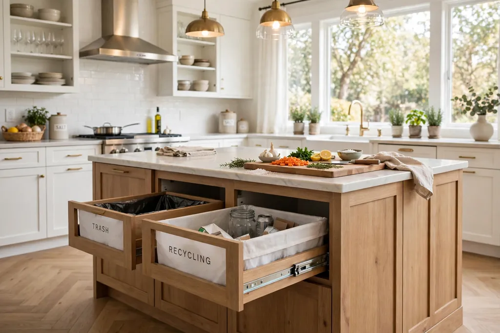 Kitchen island with hidden trash and recycling pull-out bins near the prep area.