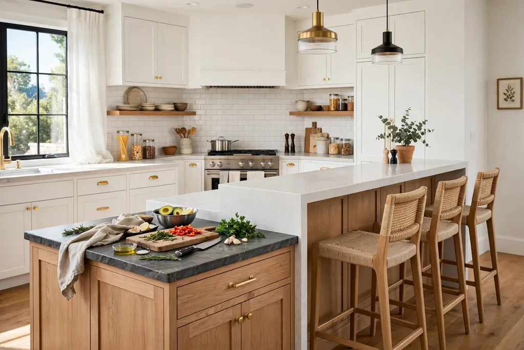 Two-level kitchen island with a lower prep counter and a raised seating side.