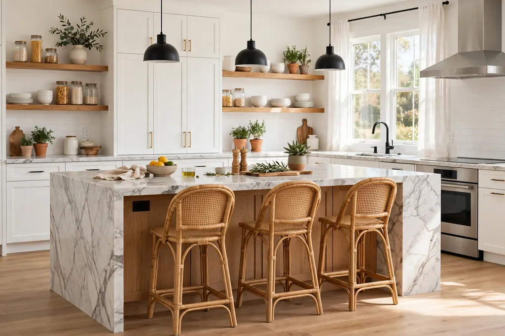 Kitchen island with a waterfall countertop wrapping down both ends.