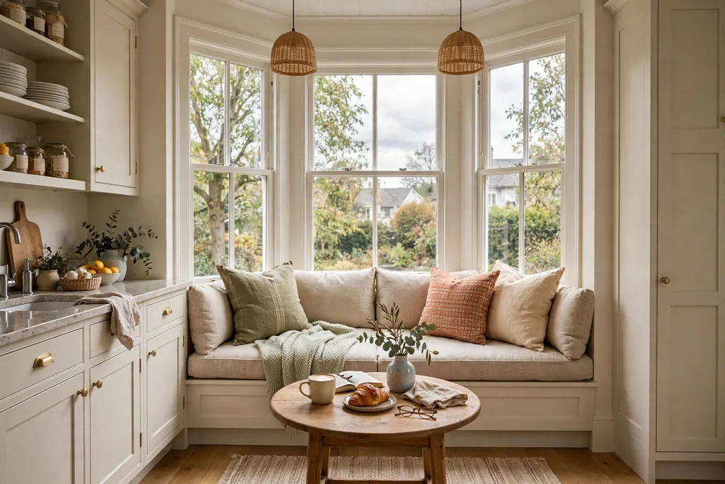 Kitchen bay window seat nook with cushions and a small round table.
