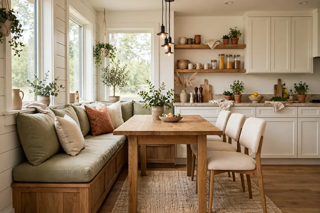 Kitchen nook with a bench on one side of the table and chairs on the other side.