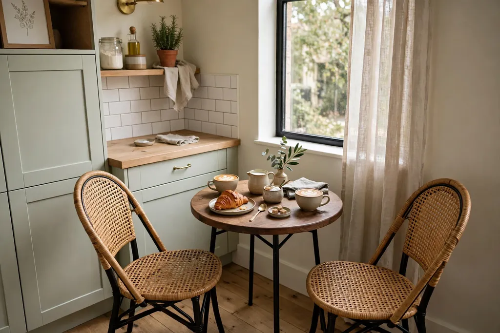 Small kitchen corner with a bistro table and two chairs set for coffee.
