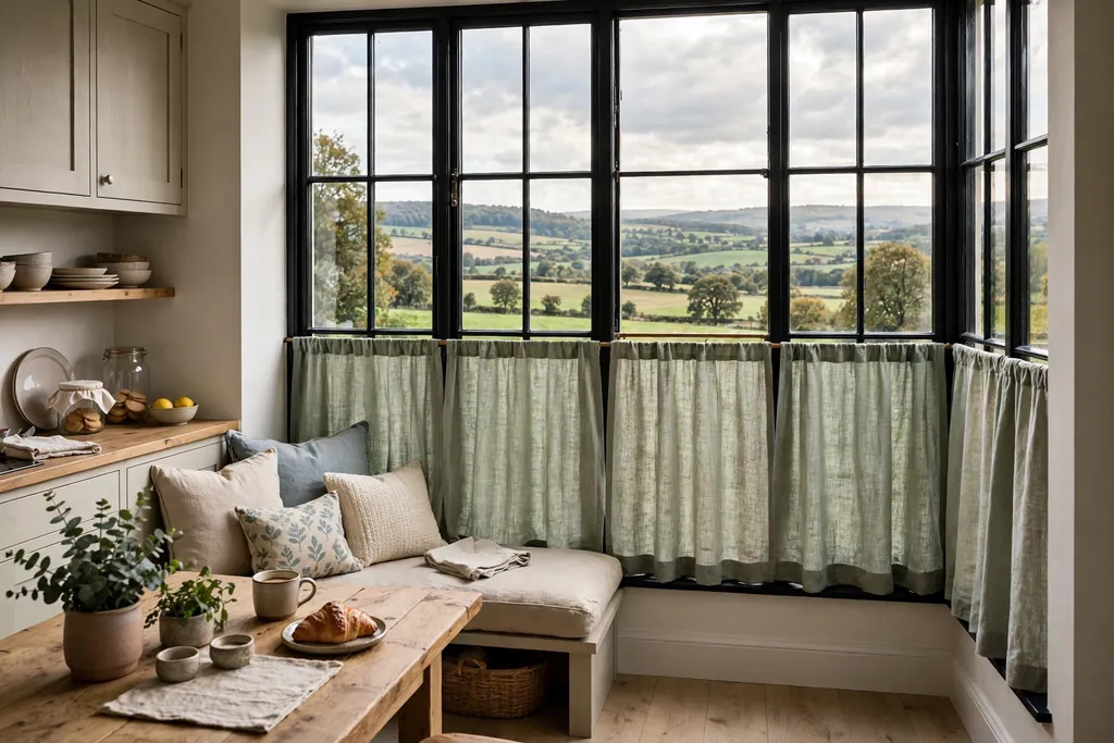 Kitchen nook window with cafe curtains covering the lower half of the glass.