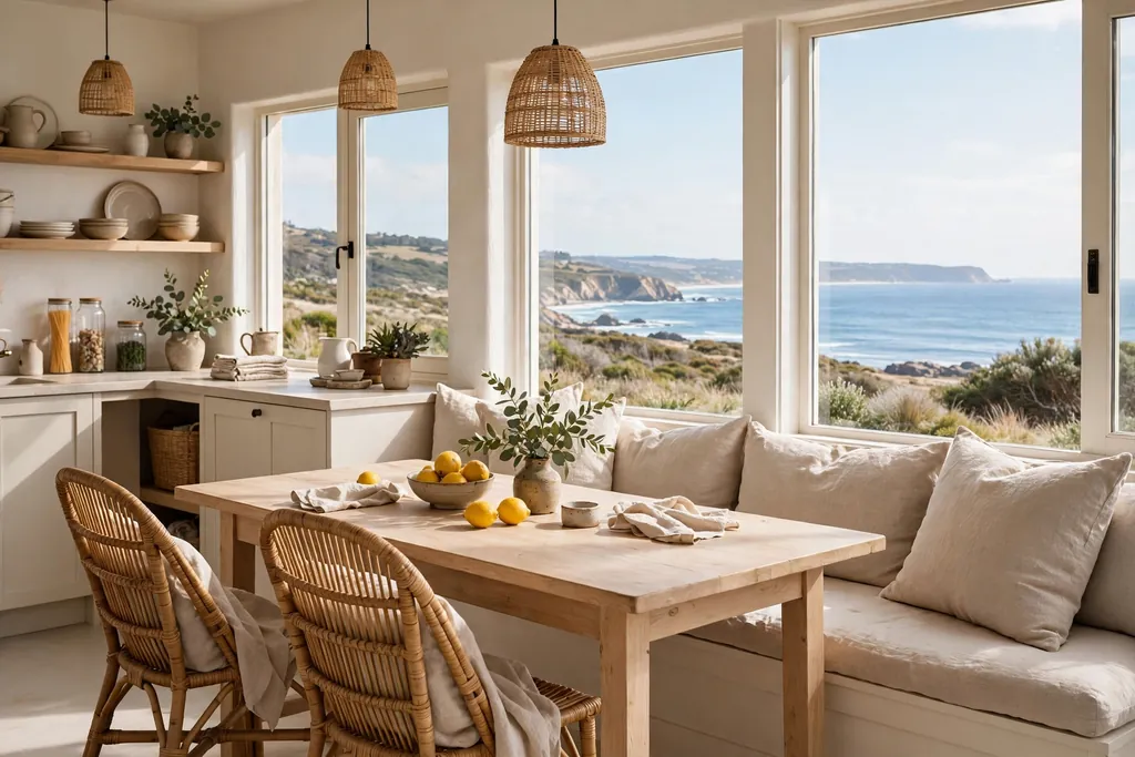 Coastal kitchen nook with rattan chairs, a light wood table and linen cushions.