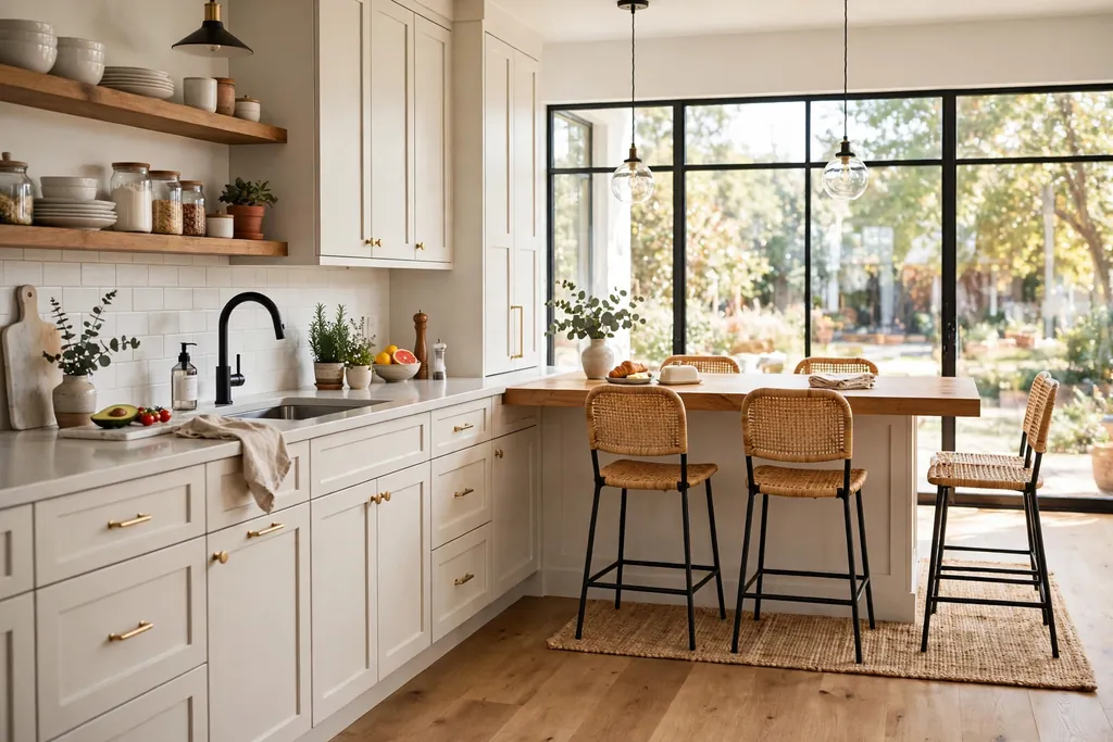 Kitchen counter end used as a breakfast nook with counter stools.