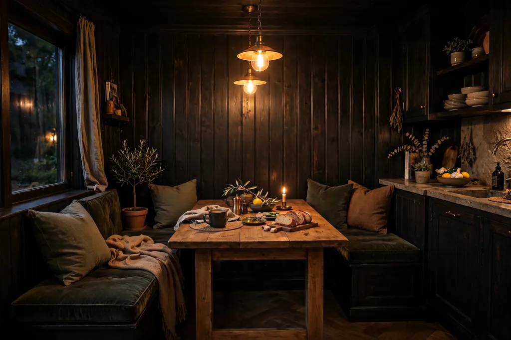 Dark panelled kitchen nook with a wood table and warm lighting.