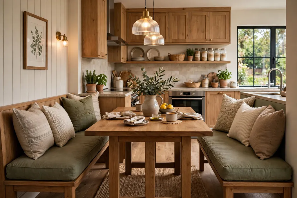 Kitchen diner booth nook with two facing benches and a fixed table.