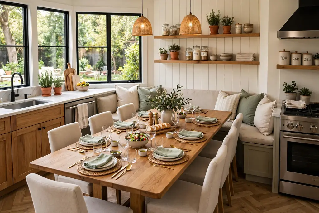 Kitchen nook with an expandable table extended for extra guests.