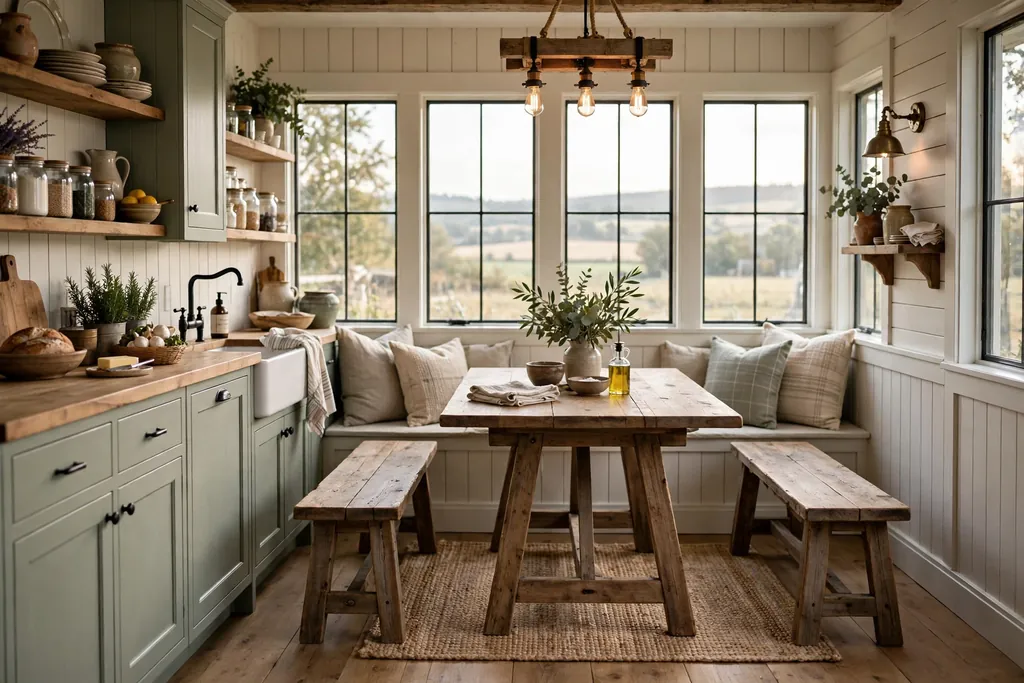 Farmhouse kitchen nook with a trestle table and wood benches.