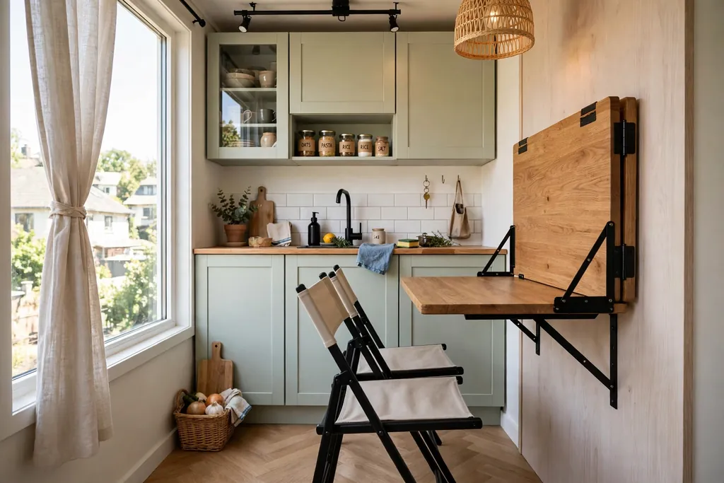 Tiny kitchen nook with a fold-down wall table and folding chairs.