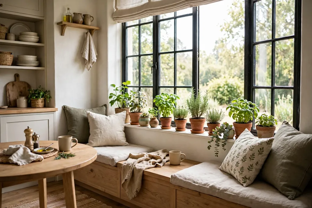 Kitchen nook beside a bright window with potted plants and herbs on the sill.