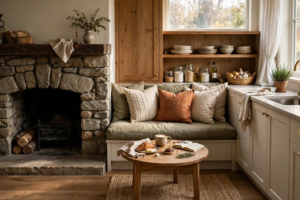 Kitchen nook beside a fireplace with a cushioned bench and a small table.
