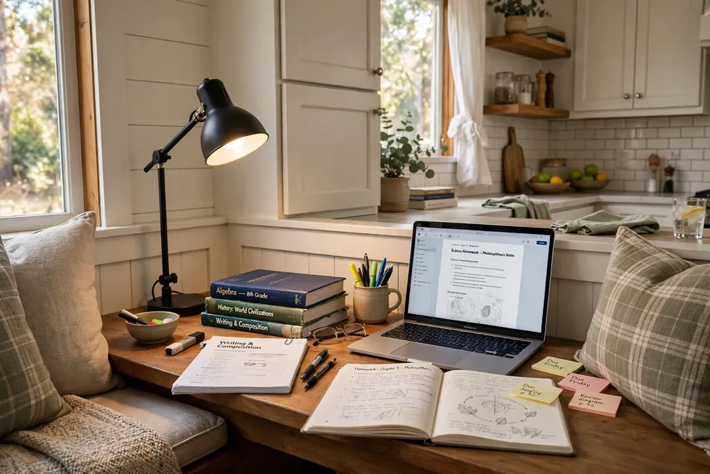 Kitchen nook set for homework with a task light, books and a laptop.