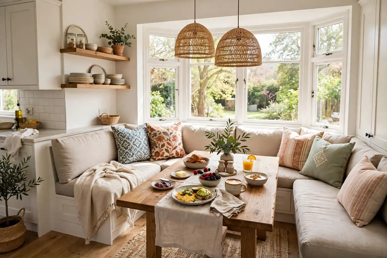 Bright kitchen corner nook with an L-shaped banquette, patterned cushions, a wood table and daylight from a bay window.