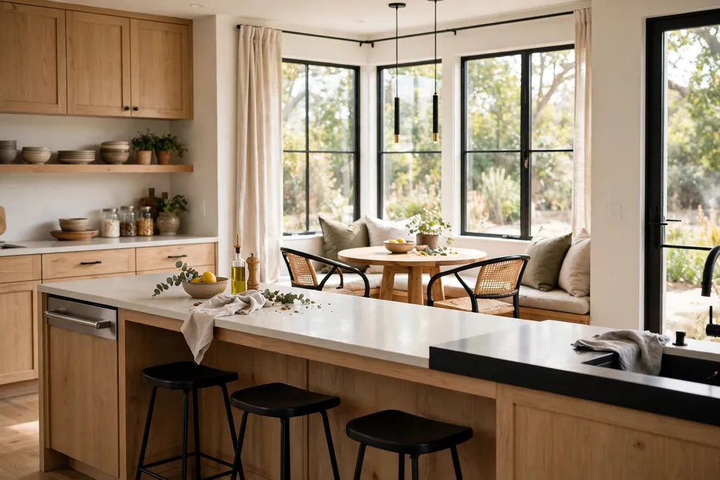 Small kitchen nook table with chairs placed just beyond a kitchen island.
