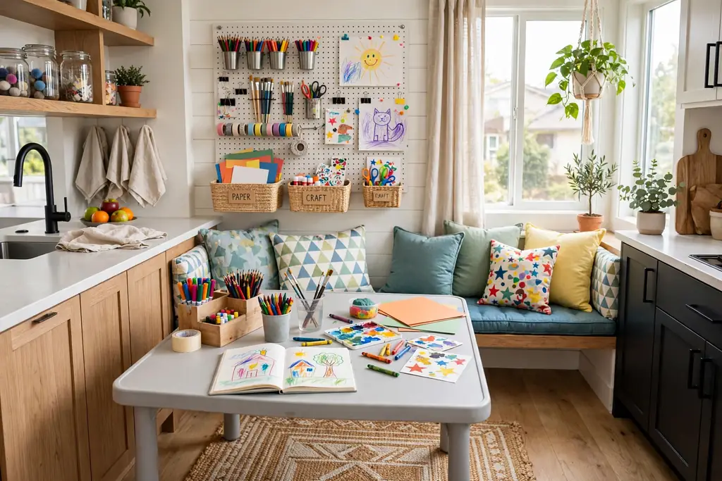 Kid-friendly kitchen nook with a wipeable table, bench seating and art supplies.