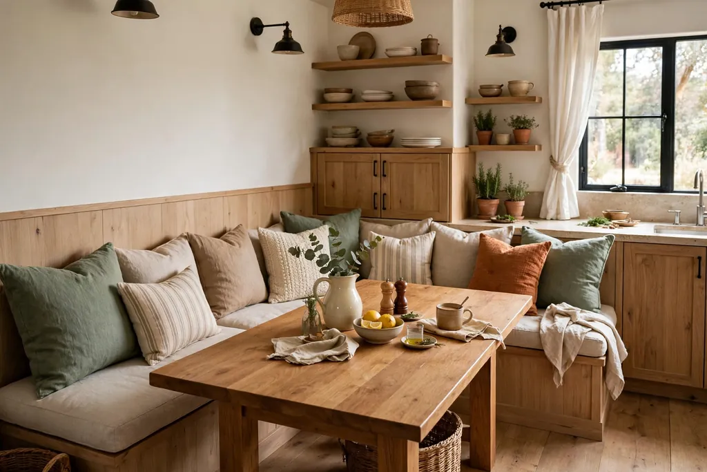 Kitchen corner with an L-shaped banquette bench, cushions and a wood table.