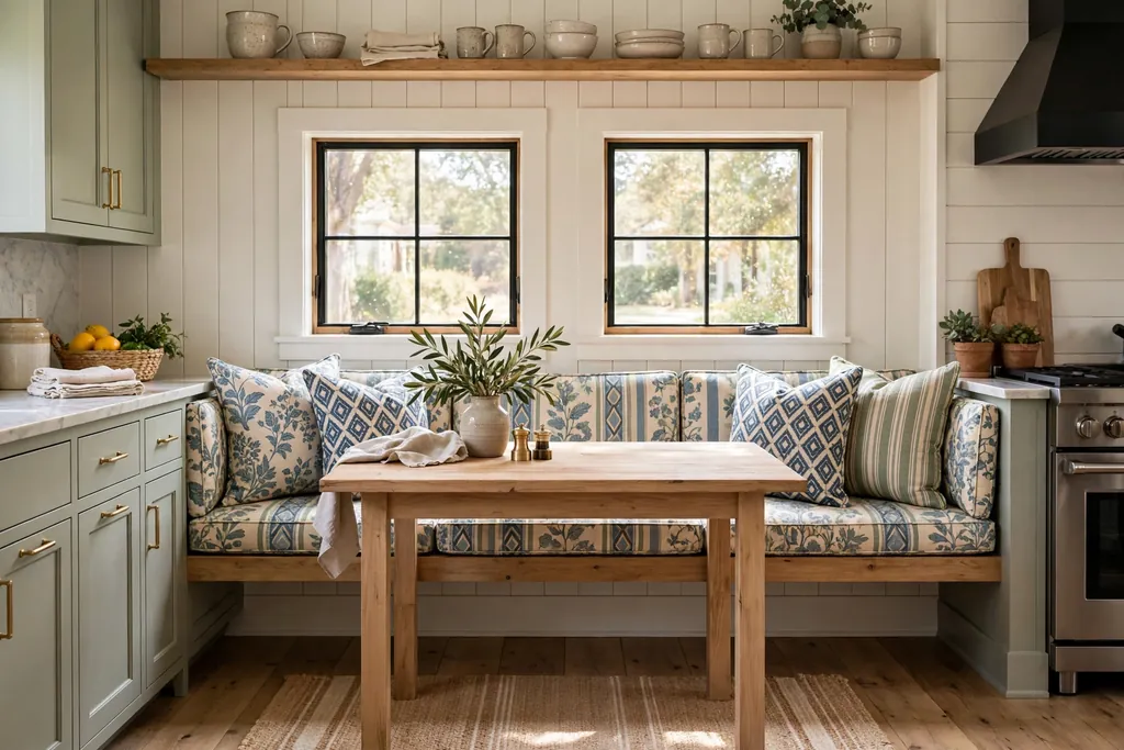 Kitchen nook bench with patterned cushions and a plain wood table.